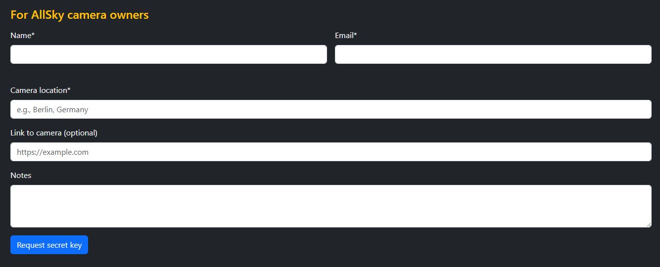 Join form for applying for an AllSkyCamera secret key