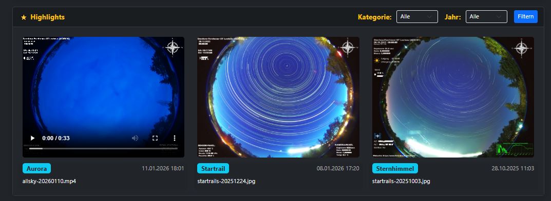 Screenshot der Highlights-Übersicht mit Kategorie- und Jahresfilter