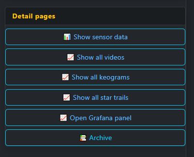 Screenshot of the "Detail Pages" block with links to sensors, videos, keograms, startrails and Grafana