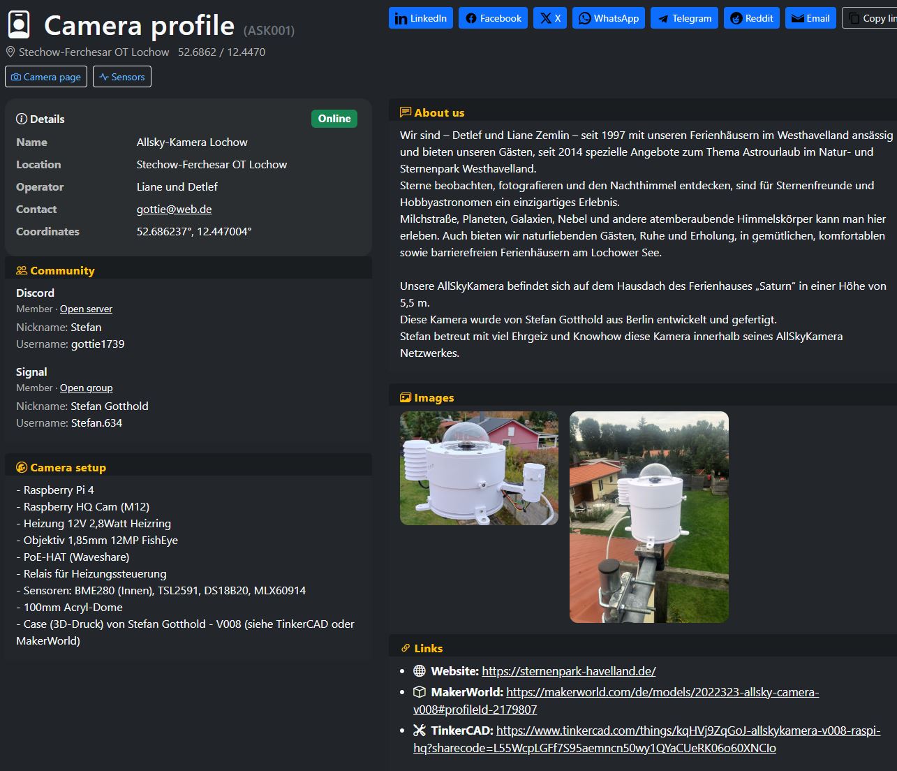 Screenshot of the profile page with details, community, setup, images and links