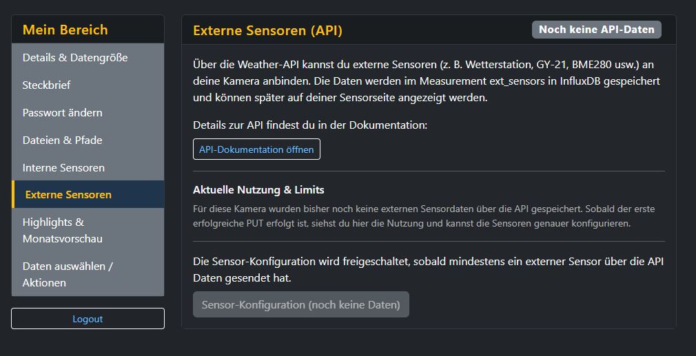 Screenshot der externen Sensoren mit Hinweis auf API-Anbindung und aktuellen Status