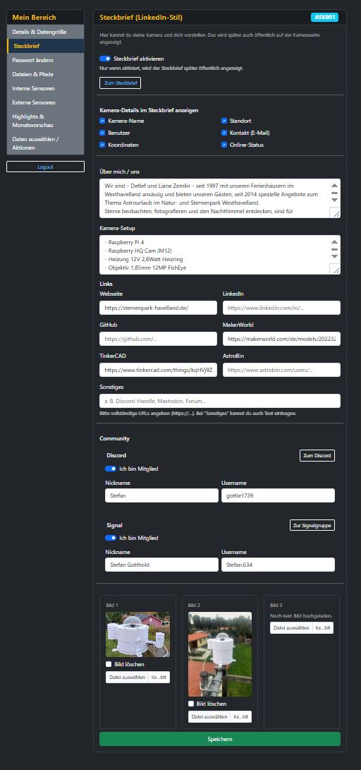 Screenshot der Steckbrief-Bearbeitung im User-Profil mit Aktivierung, Textfeldern, Links, Community und Bildern